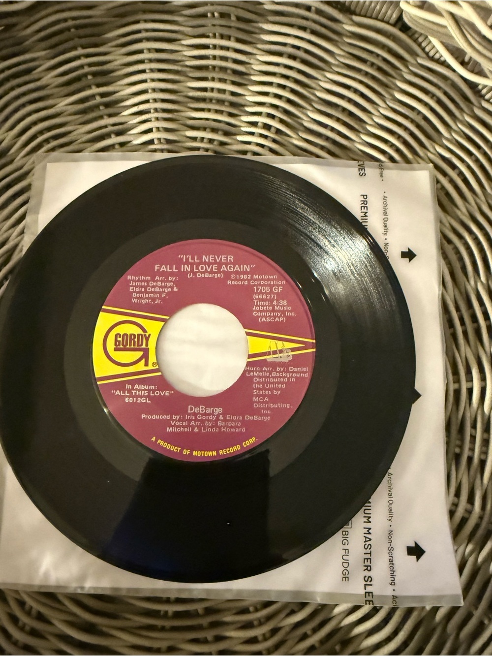 Gordy 45 RPM Vinyl Single - DeBarge "I'll Never Fall In Love Again" - Black